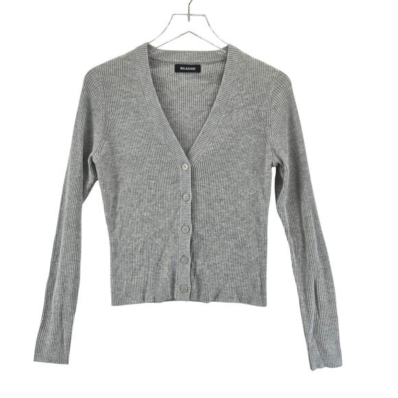 Nadaam Ribbed Cropped Cardigan Sweater Gray V-Neck Silk Cashmere Designer Y2K - Picture 2 of 11